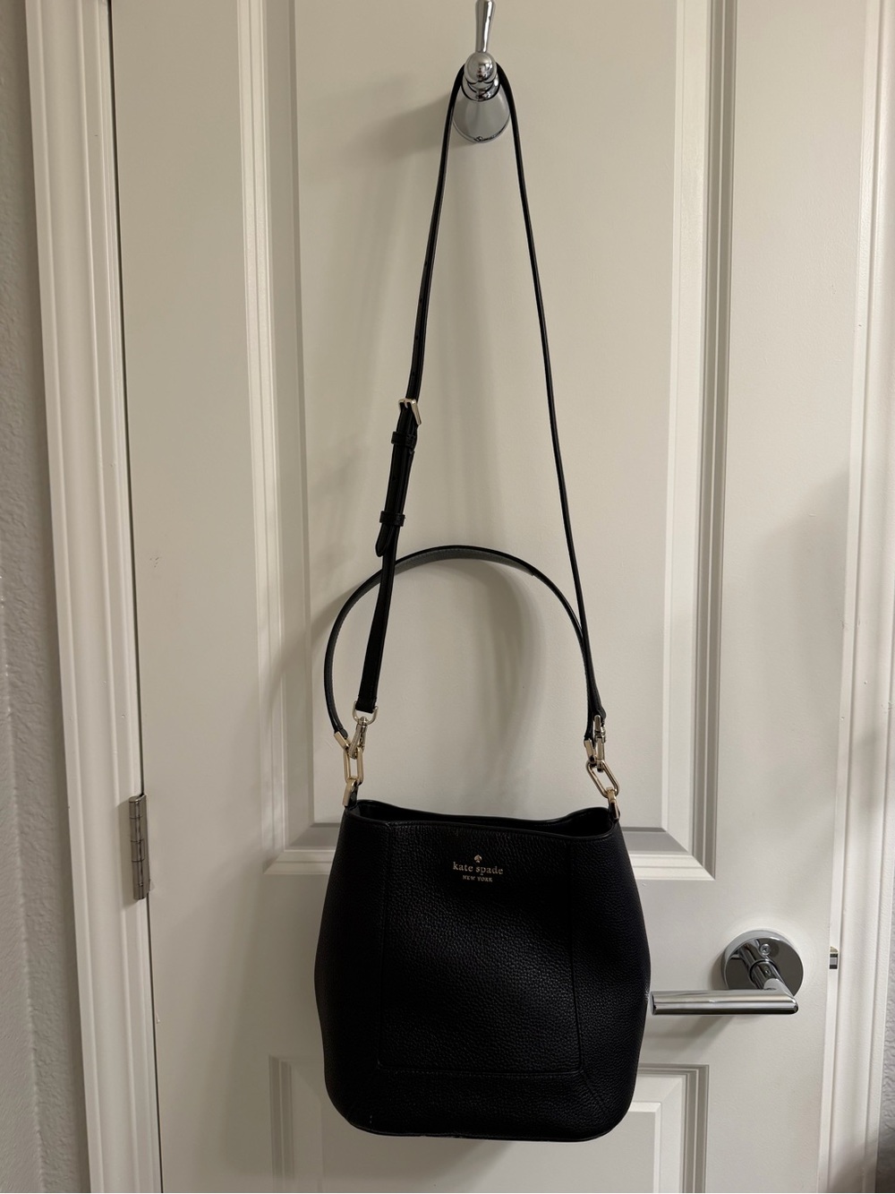 kate spade Black Pebbled Leather Shoulder Bucket Bag with Gold Hardware